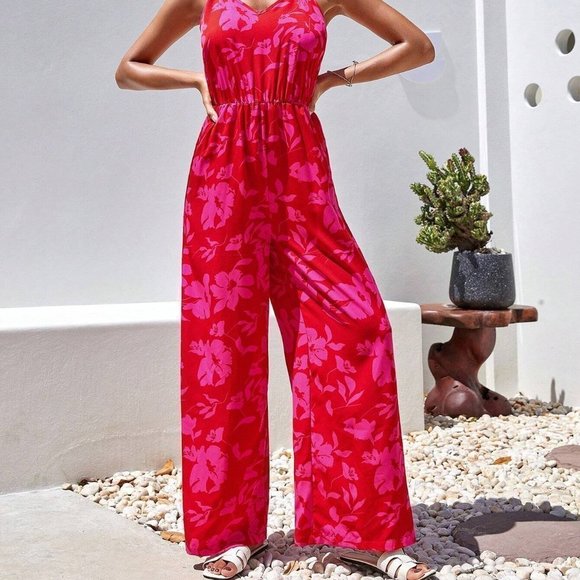 Red Casual Womens Floral Print Cami Jumpsuit - Picture 5 of 5